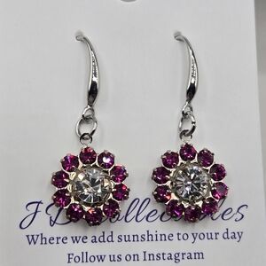 Swarovski Crystal Elements Silver Floral Earrings Fuchsia Pink 1.5 Inch Prom